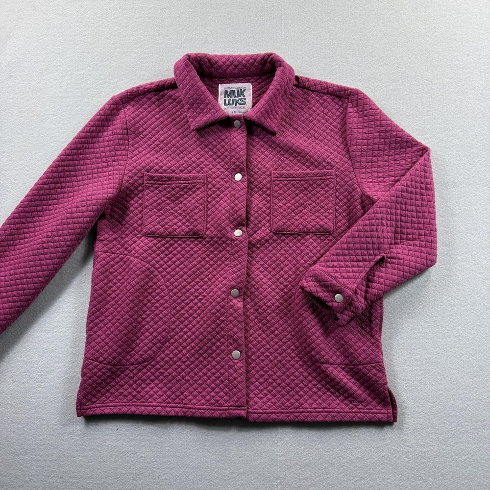 MUK LUKS Jacket Womens Medium Pet Pink Quilted Knit Snap Front Collared Pockets